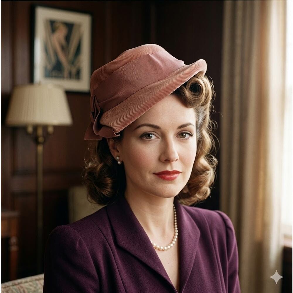 Vintage ladies HAT 40's 50's The Rhodes Hat Peach Woven Straw Cloche Bucket Bow